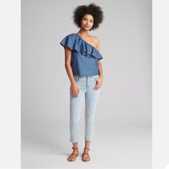 Gap One-Shoulder Blue denim Ruffle Top (Medium Wash) Size X-Small - Picture 1 of 7